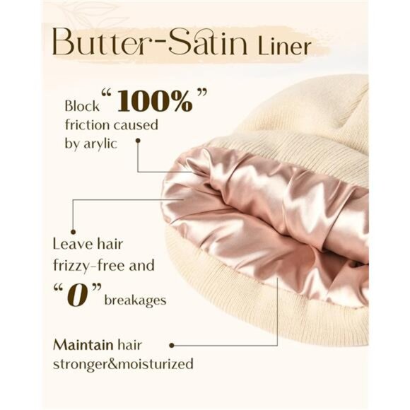 Womens Satin Lined Knit Beanie Hat Beige - Picture 2 of 6